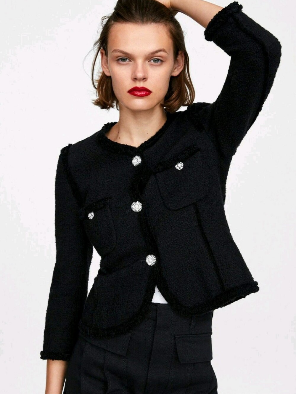 Zara Black Blazer Tweed Crystal Button Jacket